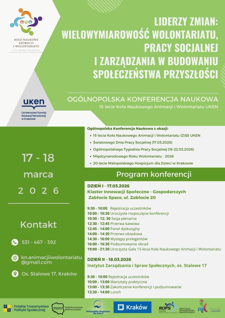 Zaproszenie na Konferencję: Liderzy zmian: wielowymiarowość wolontariatu, pracy socjalnej i zarządzania w budowaniu społeczeństwa przyszłości - program konferencji